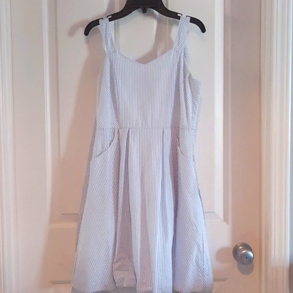 Blue & White Seersucker Dress, sz 16 girls